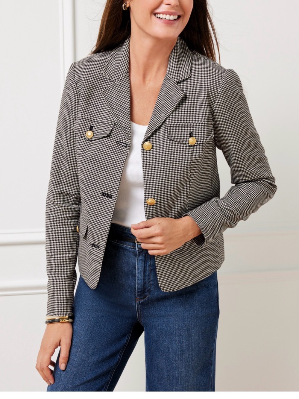 Talbots Black and White Houndstooth Gold-Button Blazer-NWOT